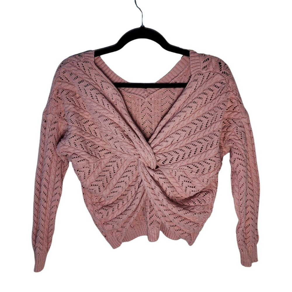 Blue Rain Womens Small Long Sleeve V-Neck Knit Sweater Pink Cross Knotted